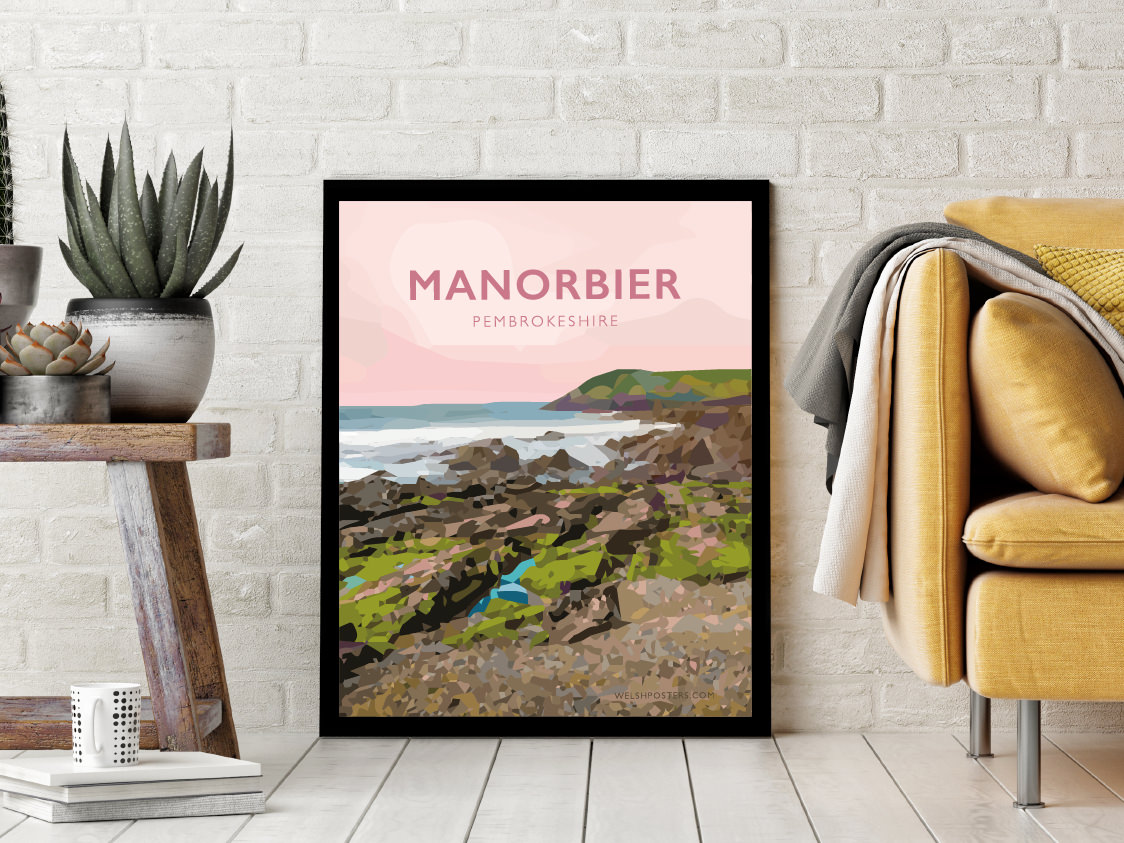 manorbier pembrokeshire wales beach coast poster print west south seaside welsh posters travel railway surf surfing gift art tenby prints
