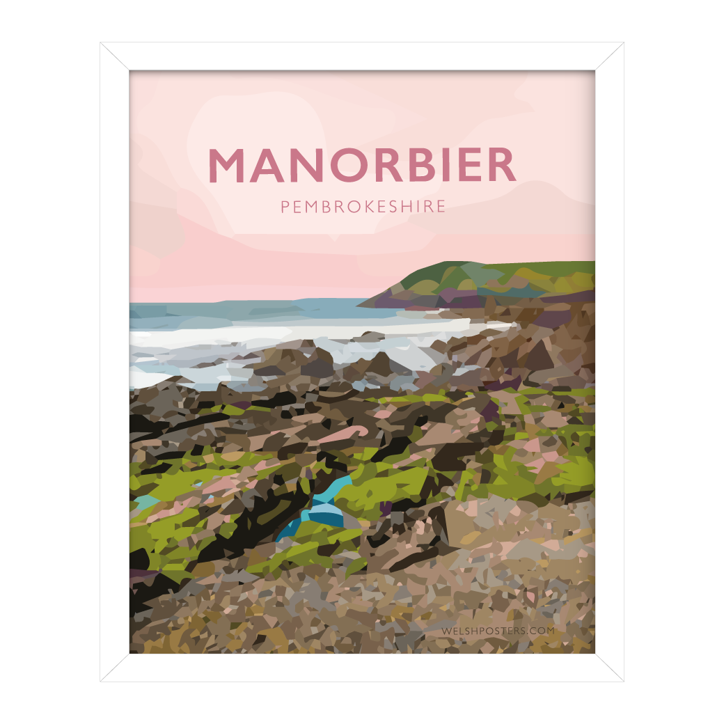 manorbier pembrokeshire wales beach coast poster print west south seaside welsh posters travel railway surf surfing gift art tenby white framed