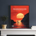 Pembrokeshire SUP red welsh wales paddling posters travel poster stand up paddleboarding sunset red paddling