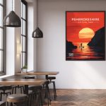 Pembrokeshire SUP red welsh wales paddling posters travel poster stand up paddleboarding sunset art gift red vibrant