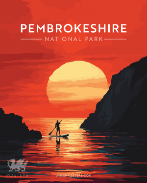 Pembrokeshire SUP red welsh wales paddling posters travel poster stand up paddleboarding sunset art gift modern