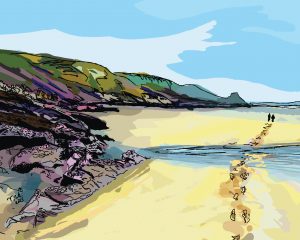 Newgale Walkers heading to Rickets Head illustration art print Rick Carter